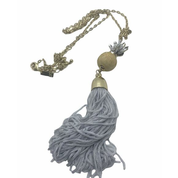 INC Gold Tone Blue Tassel & Rhinestone  Necklace - Picture 3 of 5